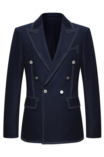 Dark Blue Double Breasted Peak Lapel Tailored 2 Piece Men's Suits